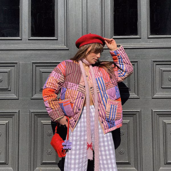 il_600x600.6744535203_jl8y Organic cotton quilted warm jacket with snaps handmade vintage, timeless retro pattern, pink, purple orange & beige