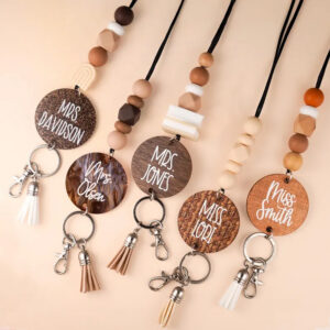 Cozy Neutral Teacher Lanyard - Personalized Lanyard for Badge - Wooden Lanyard - Teacher Lanyard - Teacher Gifts - Natural Boho Lanyard